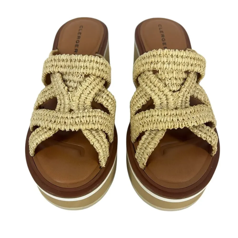 Clergerie Chermy Raffia Platform Mules Beige Natural Size 36